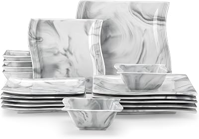MALACASA Flora 18-Piece Marble Grey Square Dinner Set for 6 Porcelain Microwave
