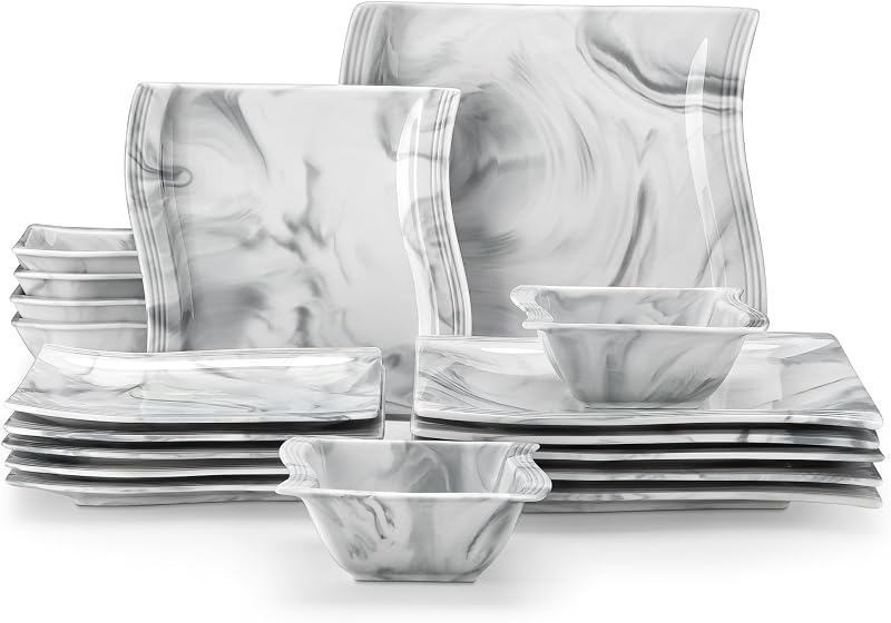 MALACASA Flora 18-Piece Marble Grey Square Dinner Set for 6 Porcelain Microwave