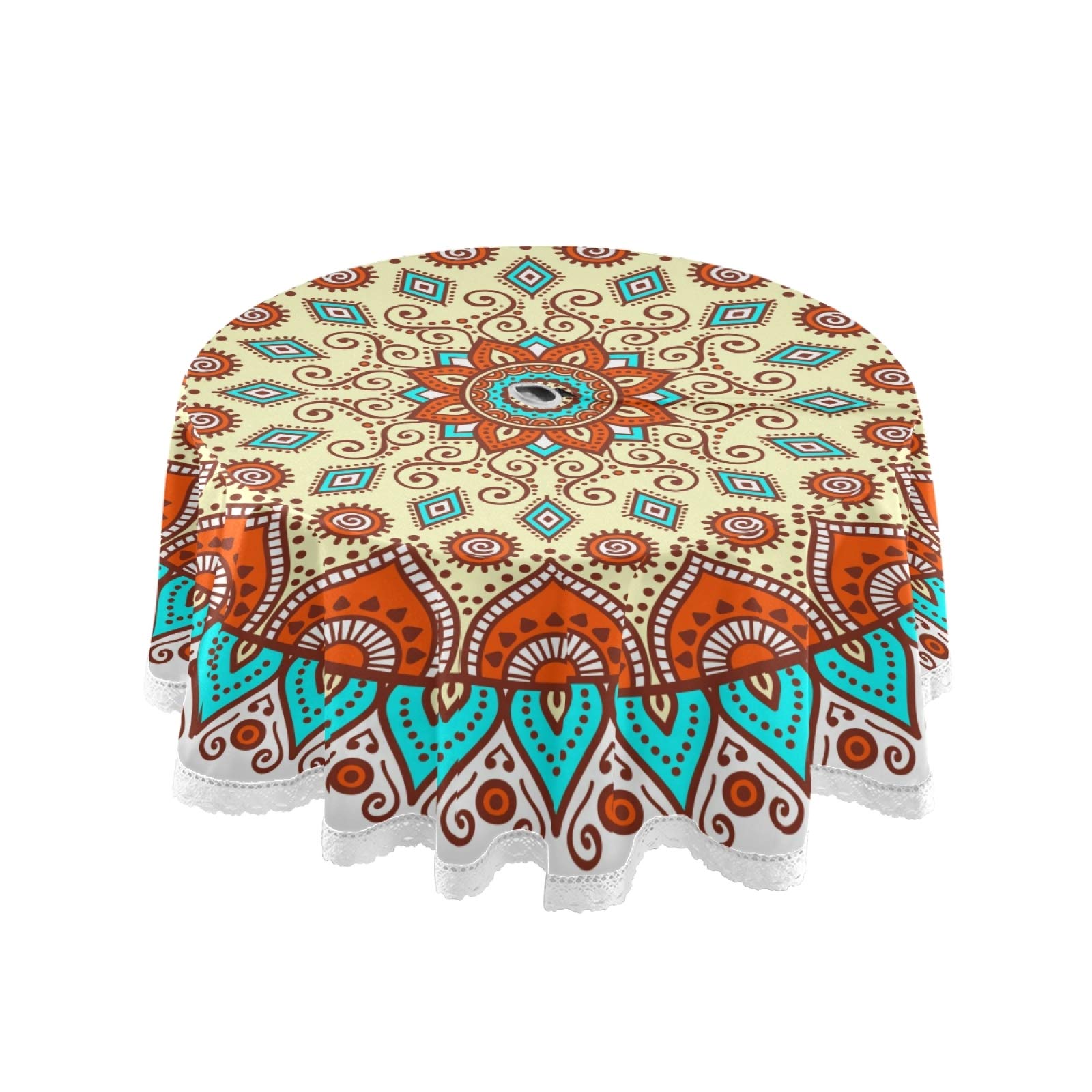 xigua 60 Inch Round Indoor & Outdoor Waterproof Tablecloth with Umbrella Hole and Zipper for Patio Garden Party and BBQ- Mandala Vintage Decoration