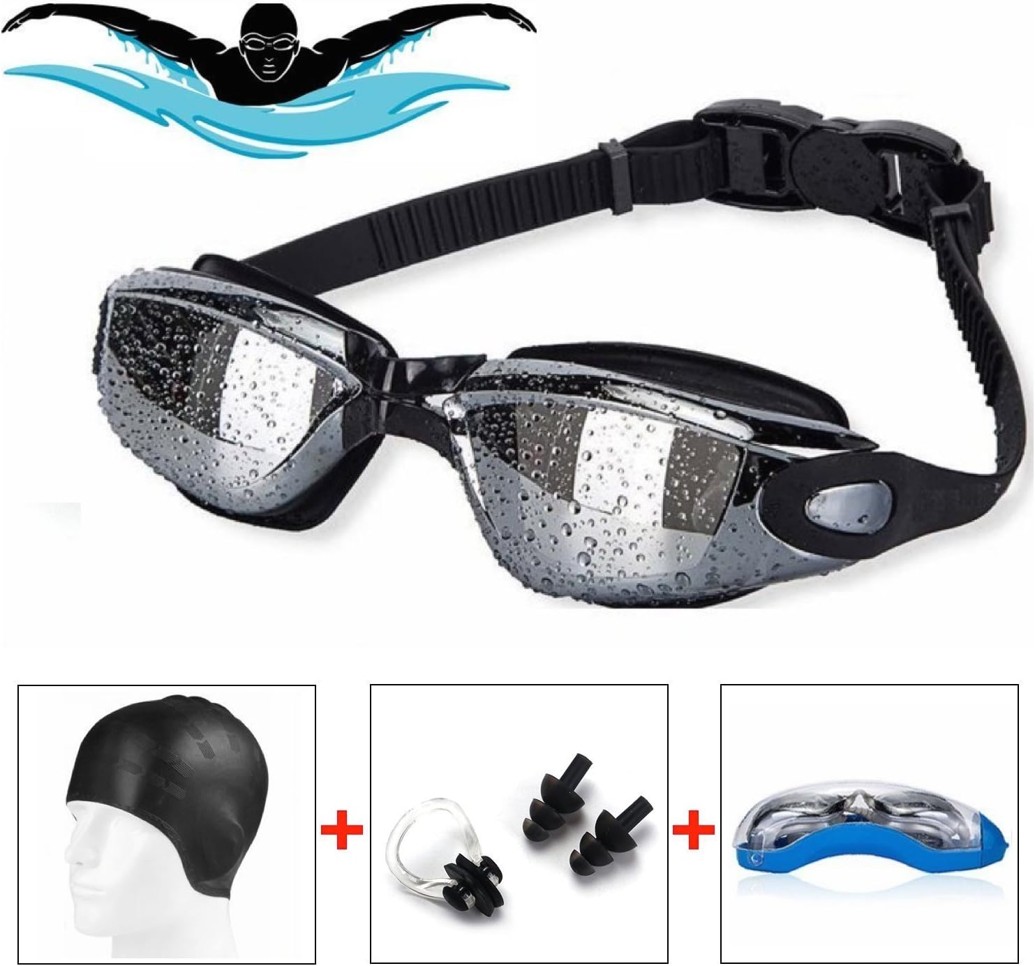 Uzza #1 Pro Swimming Bundle - Swimming Goggles with Silicone Swimming Cap Bundle - Swim cap + Nose Clip + Ear Plugs + Anti Fog UV Technology Protected Tinted Lenses Swim Goggles