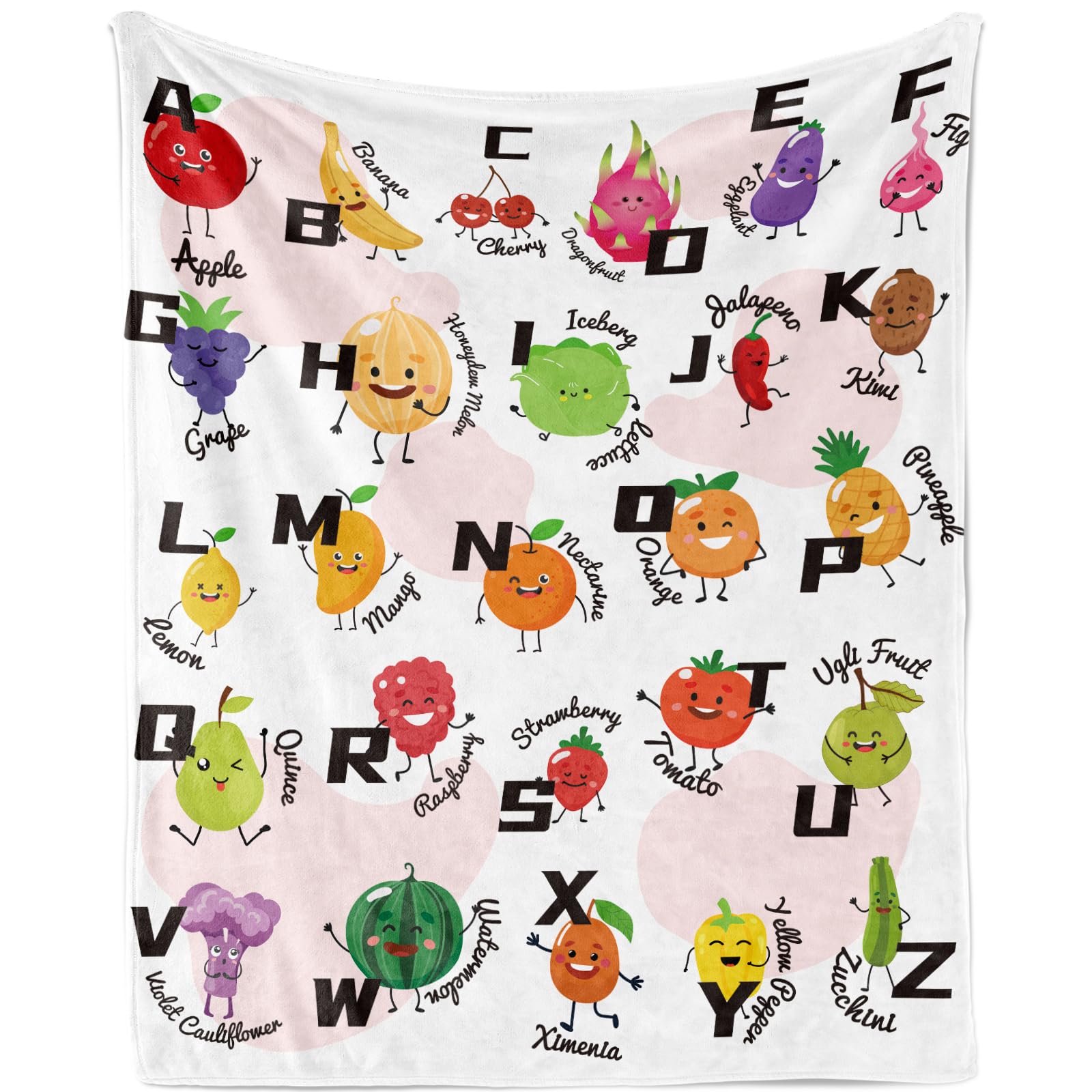 TUTUXMA Fruit Throw Blanket for Boys Girls, Soft Cozy Fruit Alphabet Blanket Gifts for Fruit Lovers, Lightweight Fruit Print Blanket, Fuzzy Alphabet Fruit Throw Blanket for Couch Sofa Bed, 130x150cm