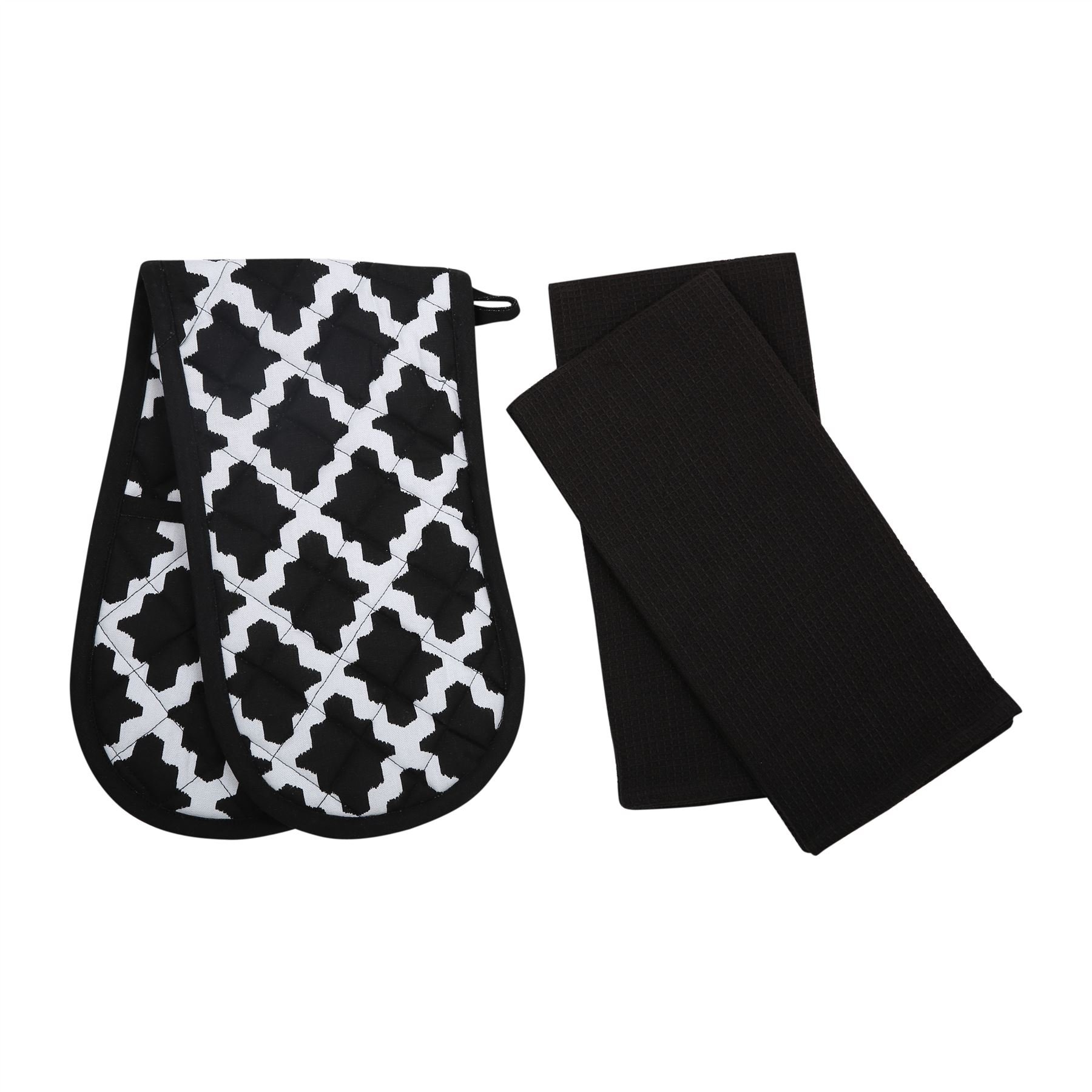 Penguin Home Heat Resistant Oven Gloves with Set of 2 Tea Towel Oven Mitt & Potholder for Home Cooking - Maximum Heat Protection/Kitchen Accessories (Diamond Black) Size - (18x90 & 65x45 cm)