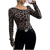 GORGLITTER Women's Leopard Cheetah Print Long Sleeve Top Animal Asymmetrical Neck Tees Crop Tops Trendy Dressy 2025