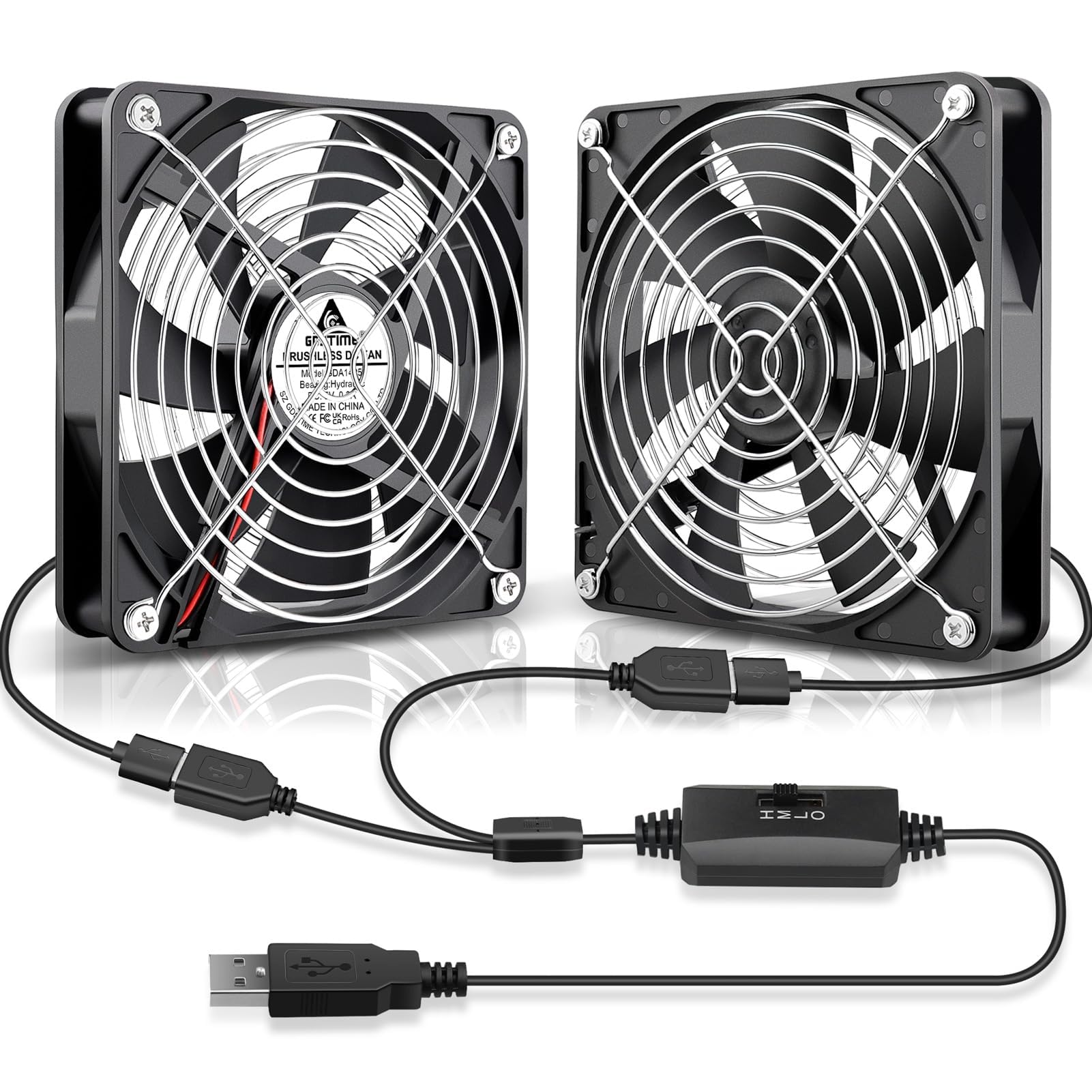 GDSTIME Dual 140mm USB Fan with Speed Control, 5V Powered DC Brushless PC Computer Case Cooling Fans with 2 in 1 USB Cable for AV Receiver DVR PlayStation Computer Home Theater Cabinet Cooling