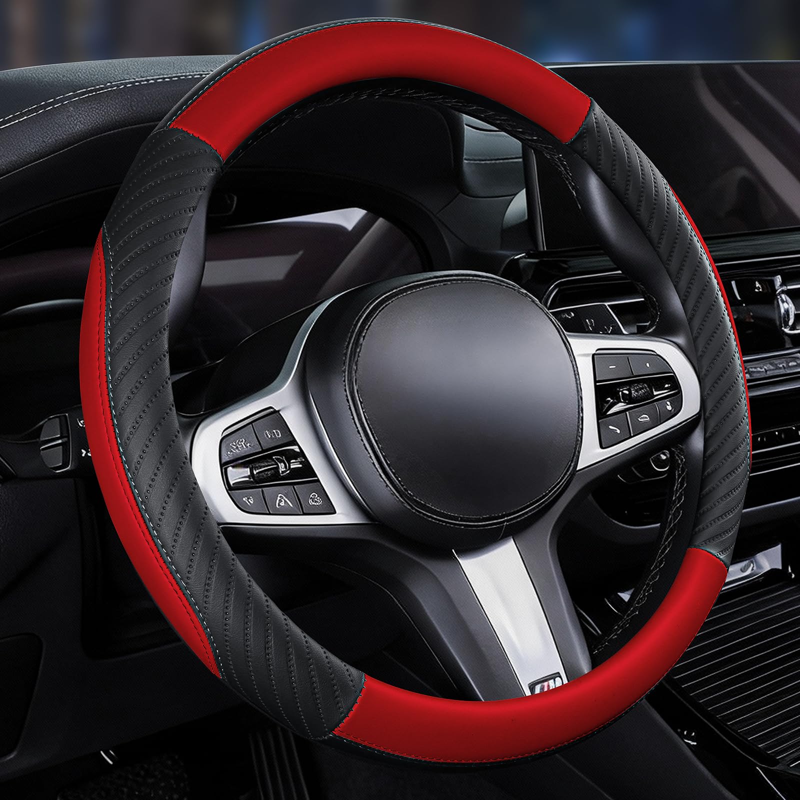 Car Steering Wheel Cover Leather - Soft Microfiber Steering Wheel Cover Universal Size M 37-38cm /14.5-15inch, Anti-slip, Breathable, Red