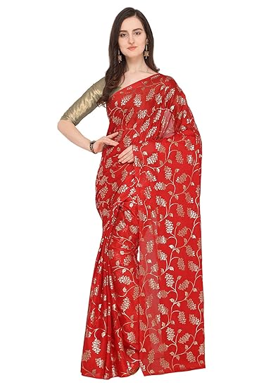 Poly Georgette Red Foil Printed Womens Saree