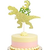 Dinosaur 3rd Happy Birthday Cake Topper - Gold Glitter Rex Cake Decor for Three Year Old Dinosaur Theme Birthday & Baby Shower Parties