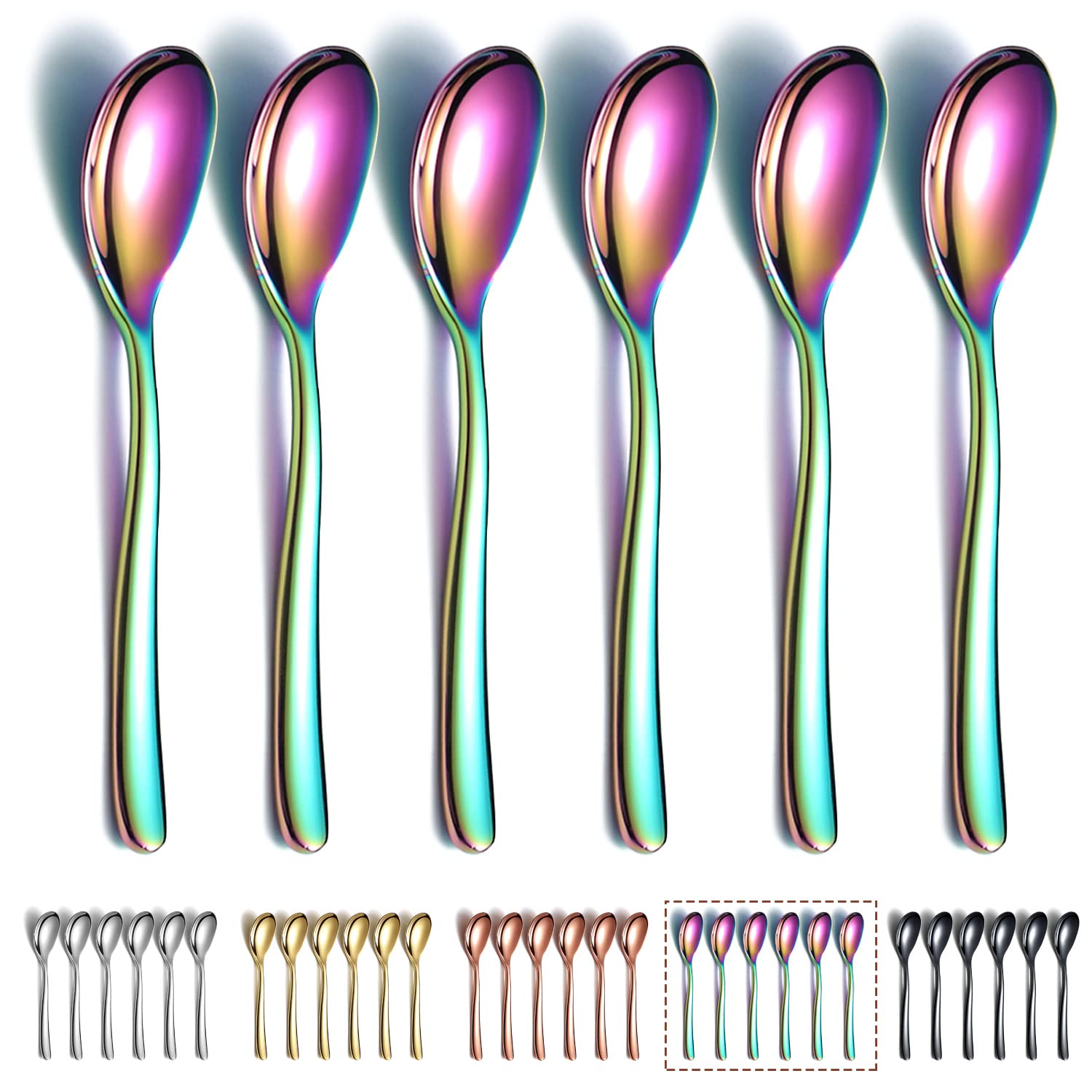 Rainbow Teaspoons 6 Pieces, Kyraton 14cm Stainless Steel Titanium Plating Rainbow Coffee Spoons Espresso Spoons, Dessert Spoons Tea Spoons, Small Mini Spoons Set for Parties, Dishwasher Safe