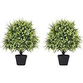 24" Faux Boxwood Plants Outdoor, Artificial Topiary Ball Trees Set of 2, UV Resistant Fake Potted Evergreen Realistic Greenery Bushes Shrubs for Outside Front Porch Planter Patio Indoor Decor 2ft Tall