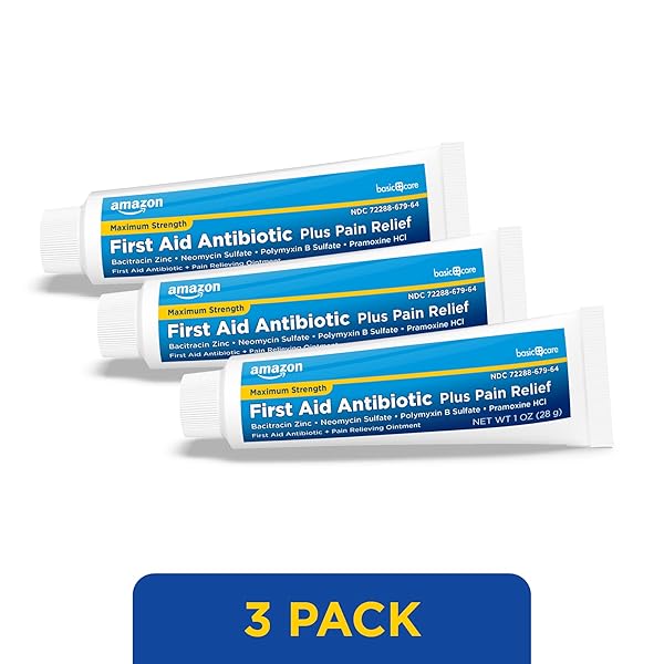 AMAZON BASIC CARE MAXIMUM STRENGTH FIRST AID TRIPLE ANTIBIOTIC OINTMENT, PAIN RELIEF FOR MINOR CUTS, SCRAPES AND BURNS, 3 OUNCE (PACK OF 1)