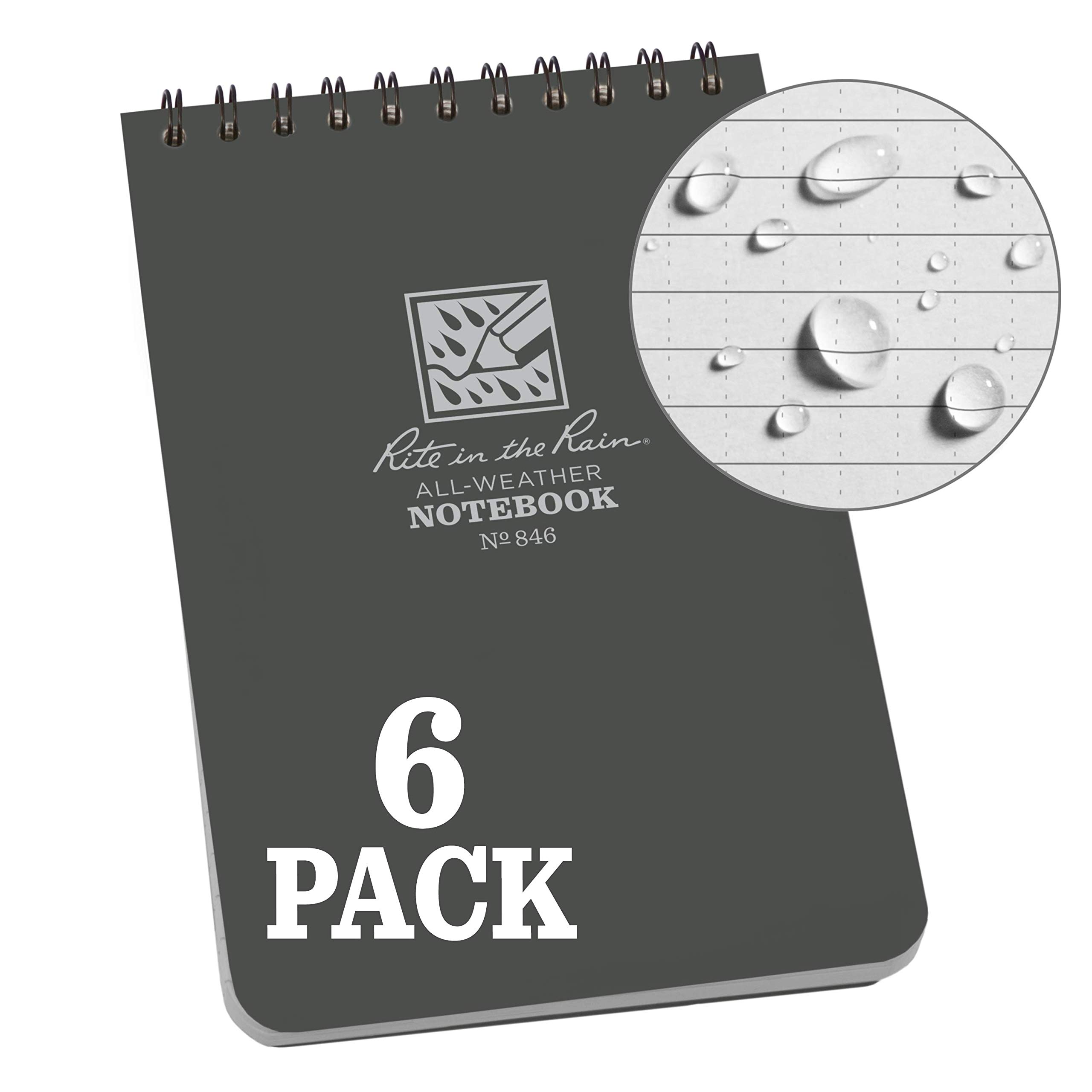 Rite in the Rain Weatherproof Top Spiral Notebook, 4" x 6", Universal Pattern, Gray Cover, 6 Pack (No. 846L6)