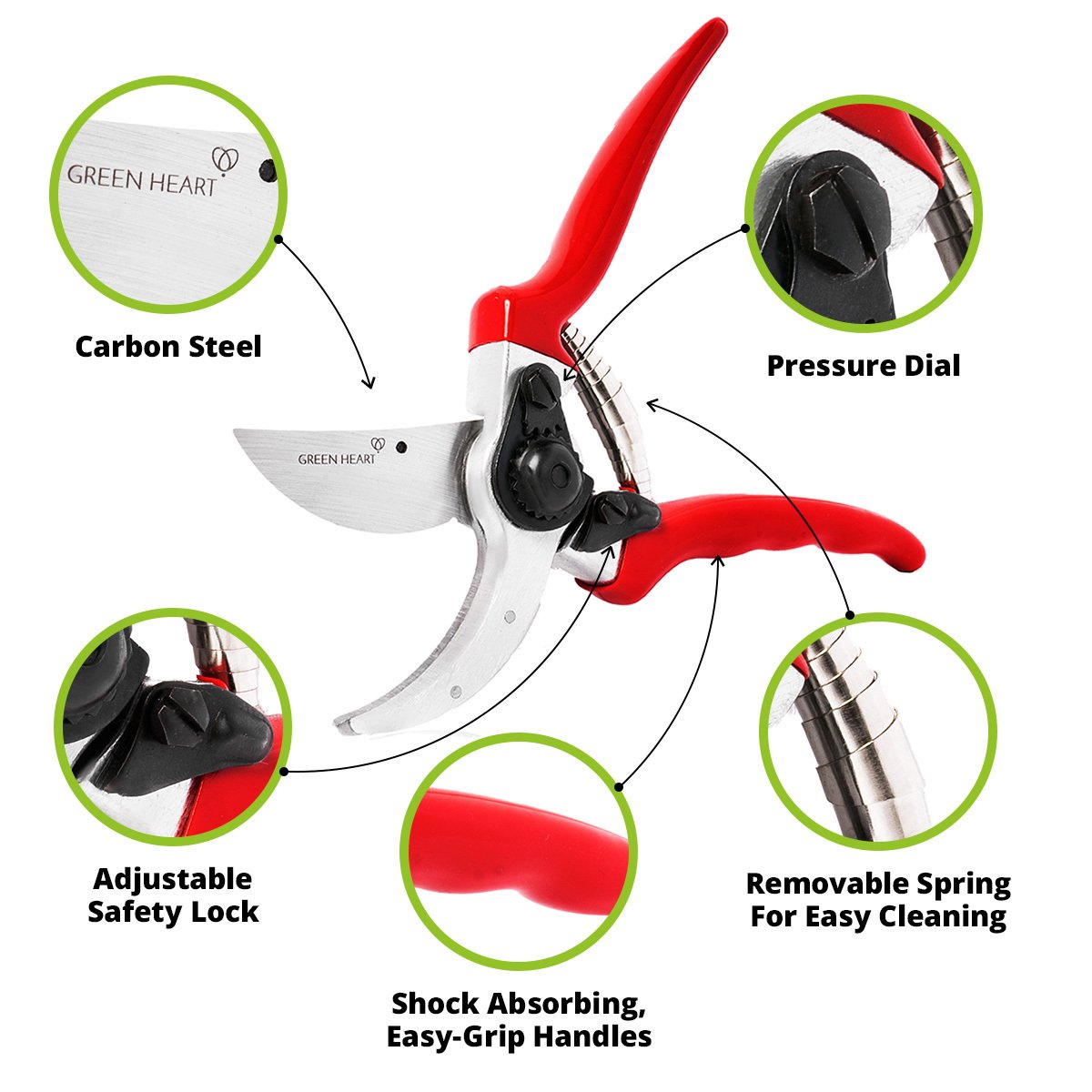 Green Heart Garden Bypass Pruning Shears with Premium Carbon Blades and Safety Lock
