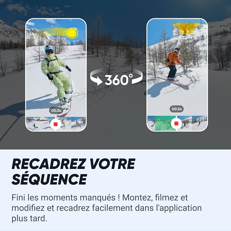 X4 Pack Snowboard - Caméra d'action 360 8K étanche, vidéo Grand Angle 4K, Perche à Selfie Invisible, protège-objectifs Amovibles, 135 Min d'autonomie, édition IA, stabilisation, pour Sport
