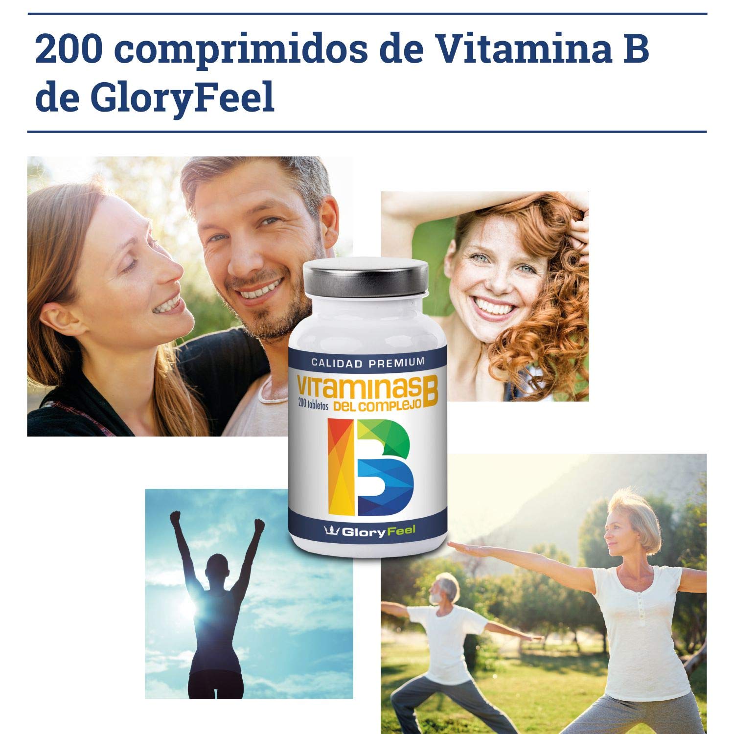 Vitamina B complex de alta dosificación - 200 comprimidos de vitamina b - Complejo Vitamina B las 8 vitaminas en una pastilla - B1 B2 B3 B5 B6 B7 (biotina) B9 (ácido fólico) y B12 de GloryFeel