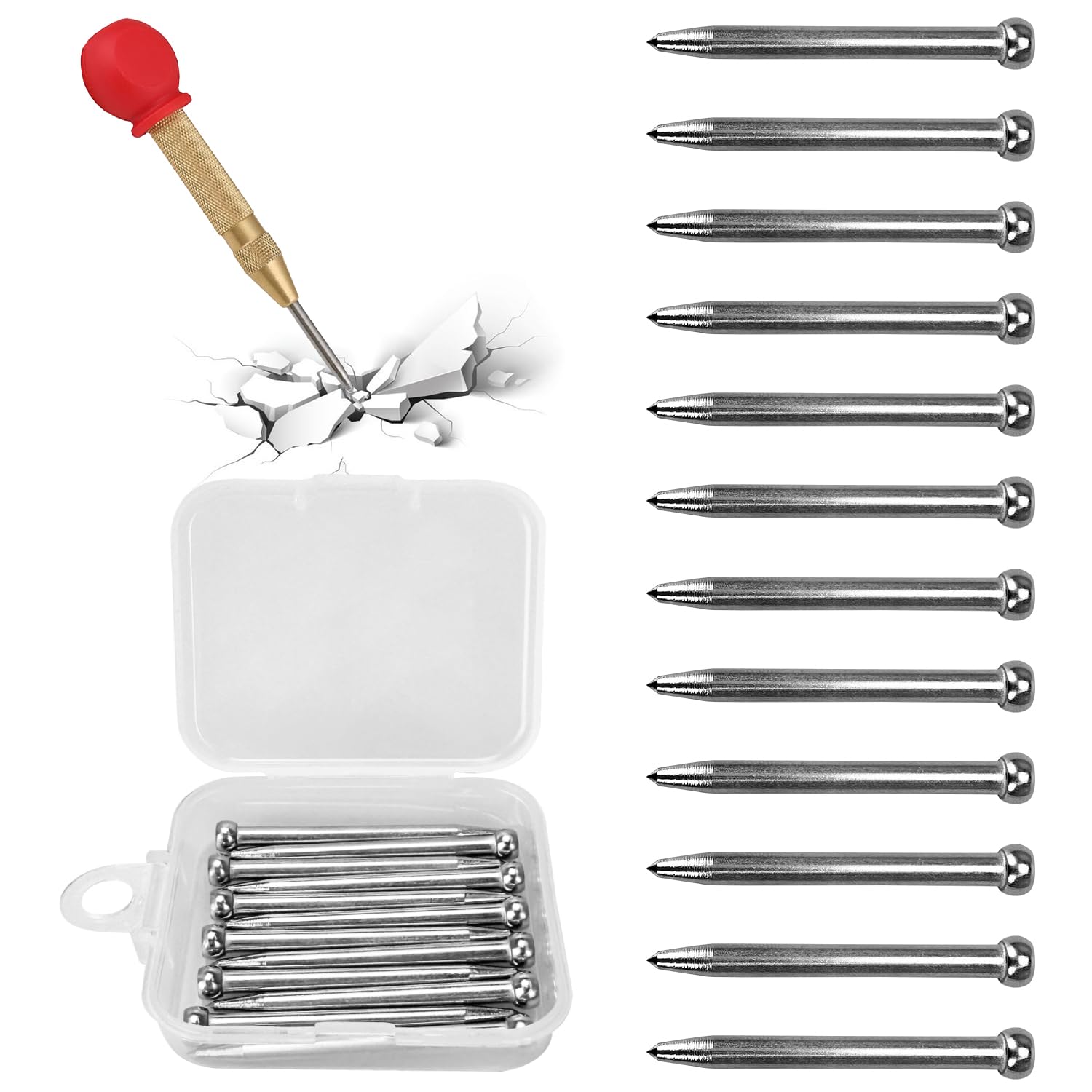 12 Piece Heavy Duty Spring Loaded Center Replacement Tips, Automatic Steel Spring Loaded Center Hole Punches for Wood, Wall, Plastic, Soft Metal, Window Glass