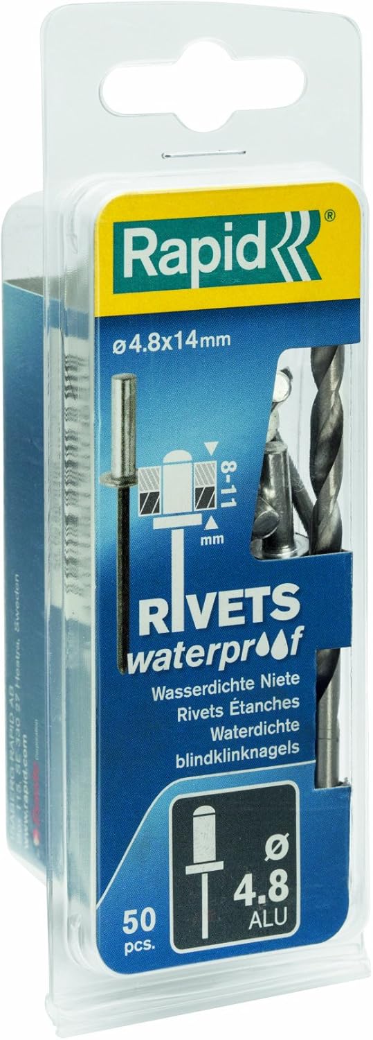 Rapid Rivets Waterproof Rivets Including Drill Piece, 4.8 x 14 mm, 5000402 - 50 Pieces,Silver/ Blue/ Clear