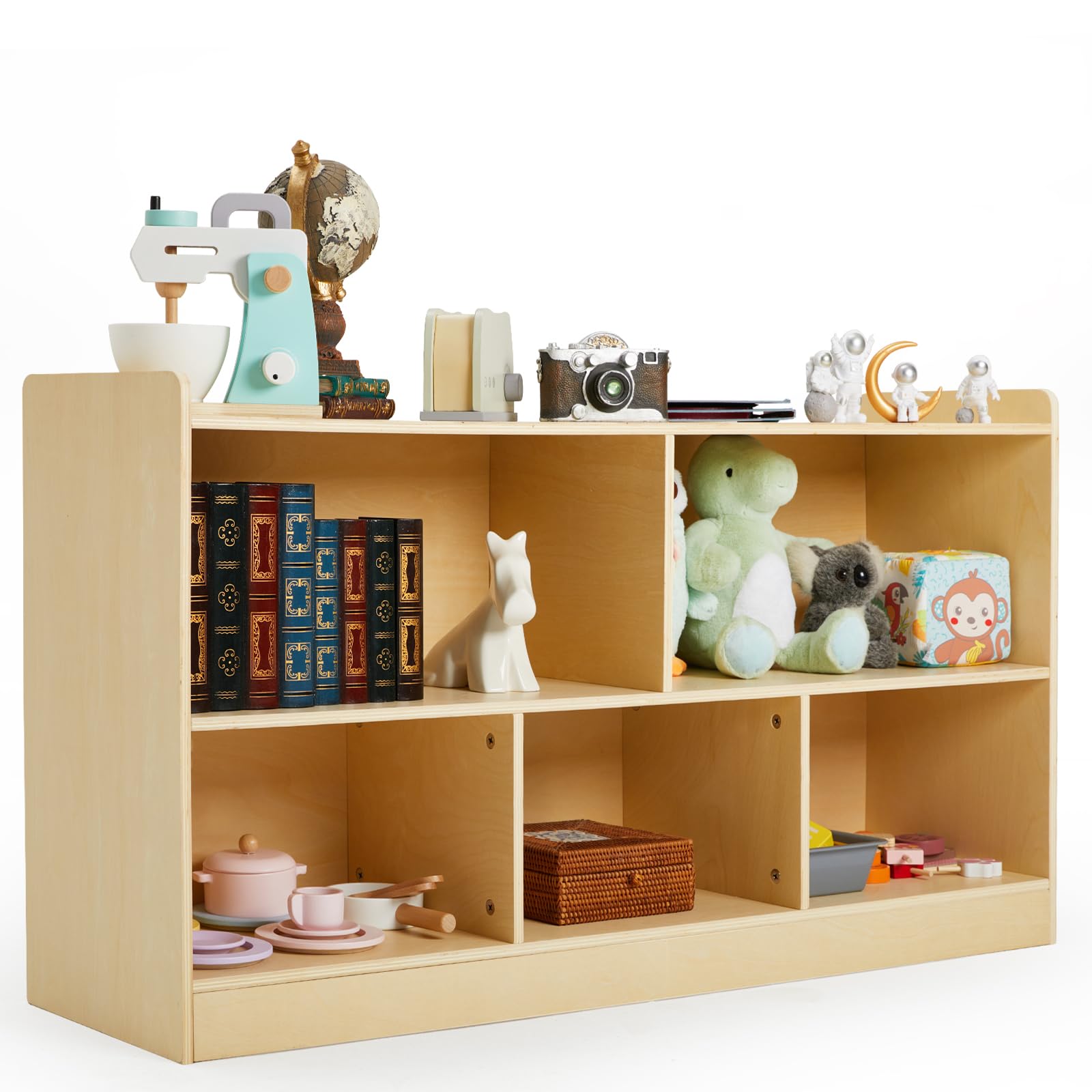 PTINFLUCE Montessori Shelf, Wooden Toy Storage Organizer for Books Toys, 2 Shelf Bookcase, 5-Section Storage Cabinet, Toddler Book Shelf for Kids Rooms, Playroom, Nursery, Kindergarten (Natural)
