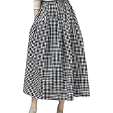 utcoco Women's Gingham Midi Skirt Elastic High Waist A-Line Flared Long Skirt for Casual Daily & Office Wear