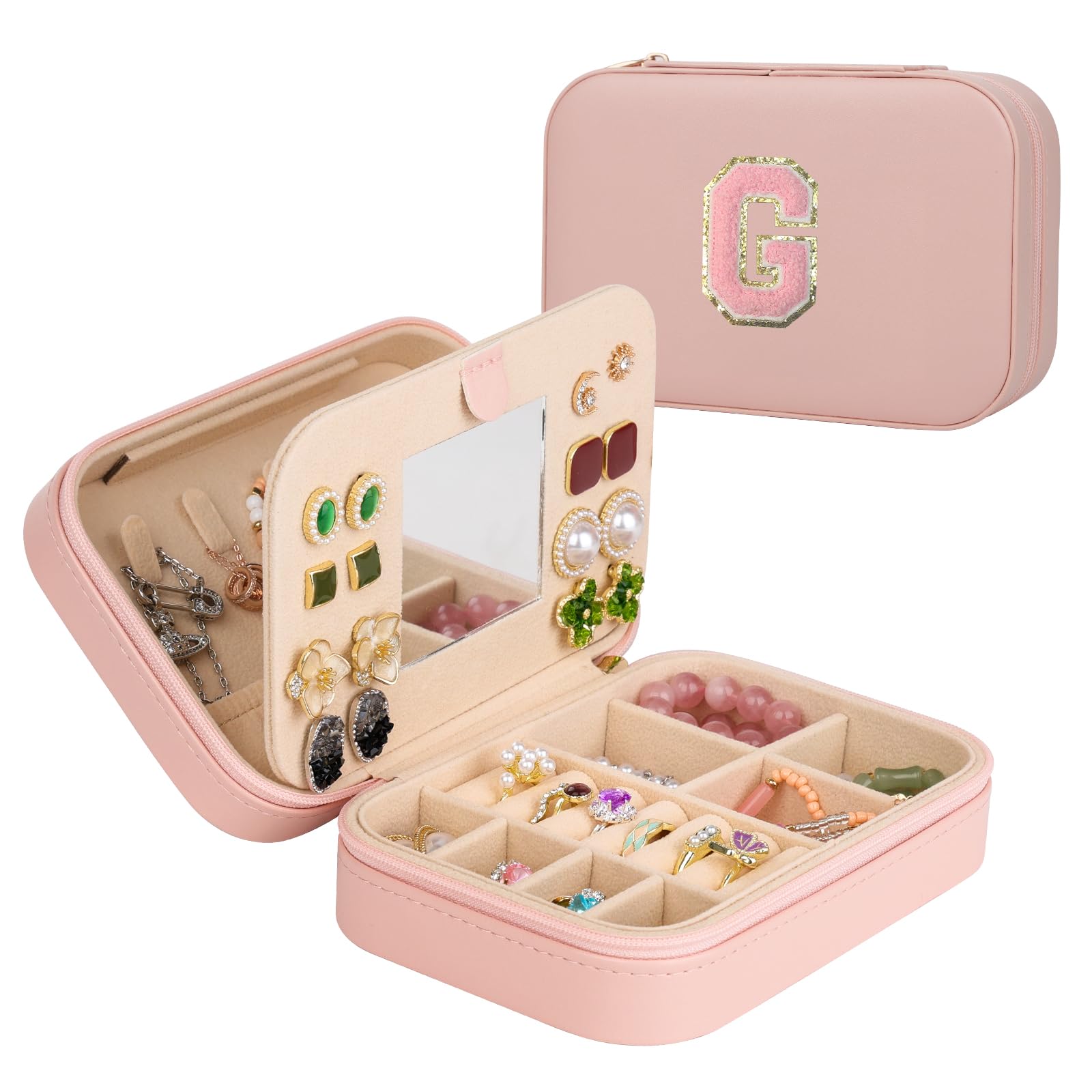 Photo 1 of TopPerfekt Travel Jewelry Case Travel Jewelry Box With Mirror, Jewelry Organizer Bridal Shower Gifts To Her, Earring Travel Case, Trendy Gift for Women and Girls (G, Pink)