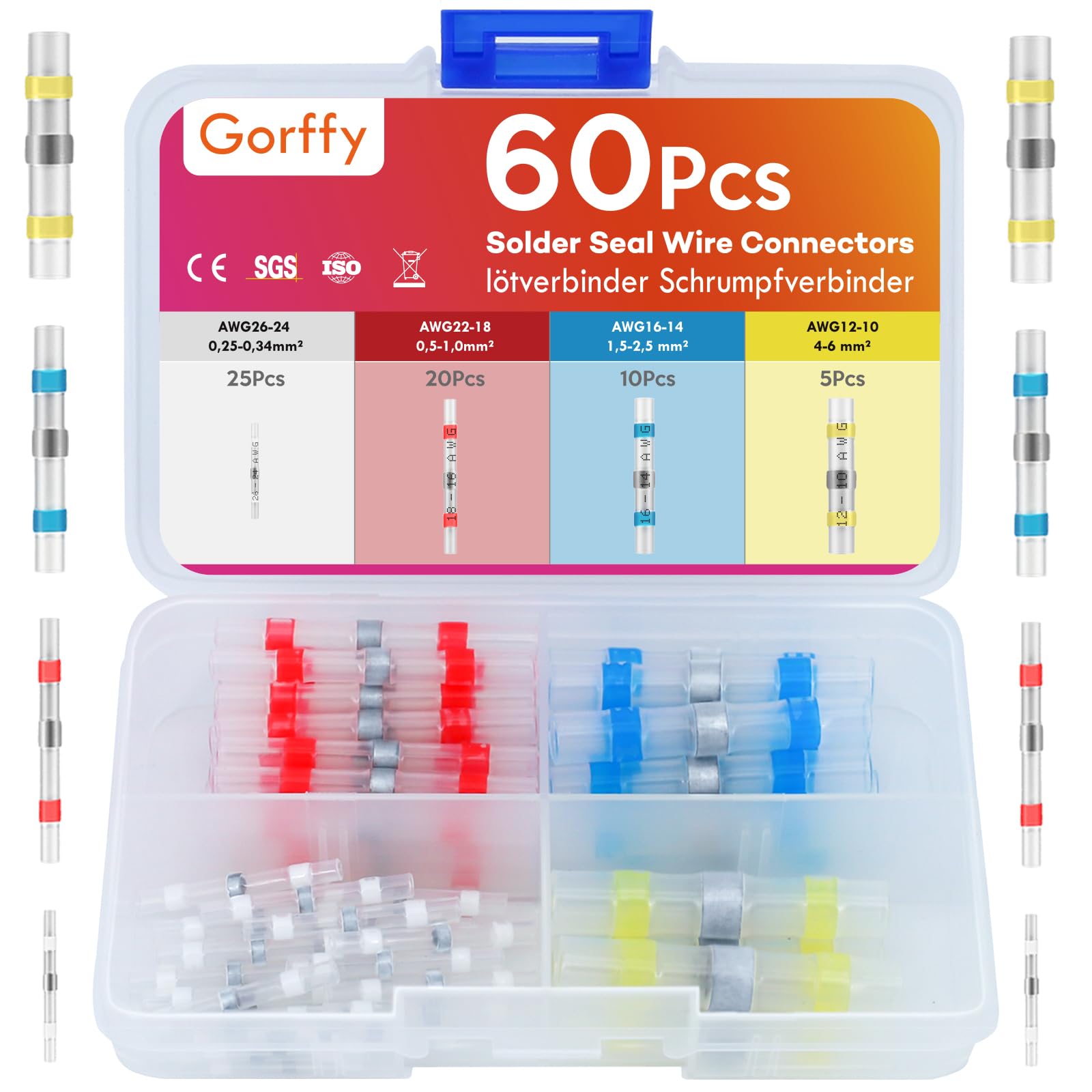 Gorffy Solder Seal Wire Connectors 60 Pcs, Automotive Heat Shrink Connectors, Waterproof Heat Shrink Wire Connector, Solder Joints Heat Shrink for Wiring