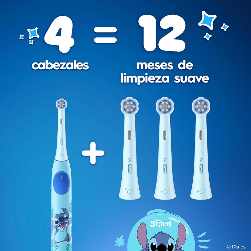 Cabeças de substituição iO Kids Disney Stitch para crianças +6 anos, Pack de 8 - Recargas Originais para Oral-B Escovas de Dentes Elétricas iO Kids, suaves com dentes e gengivas instáveis