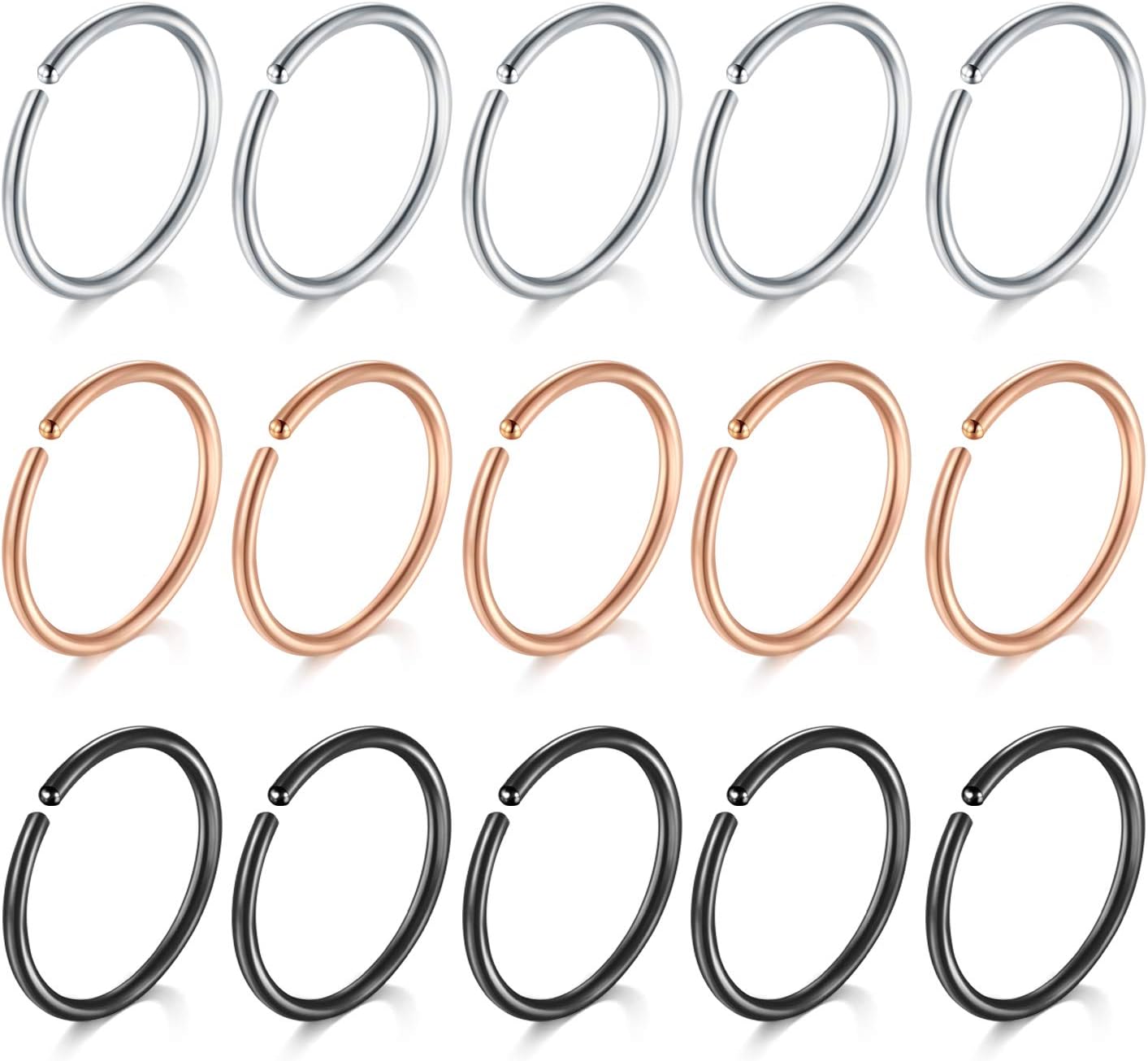 15pcs Nose Ring Hoop Set Stainless Steel 16 Gauge 10mm Lip Cartilage Helix Earring Piercing Jewellery