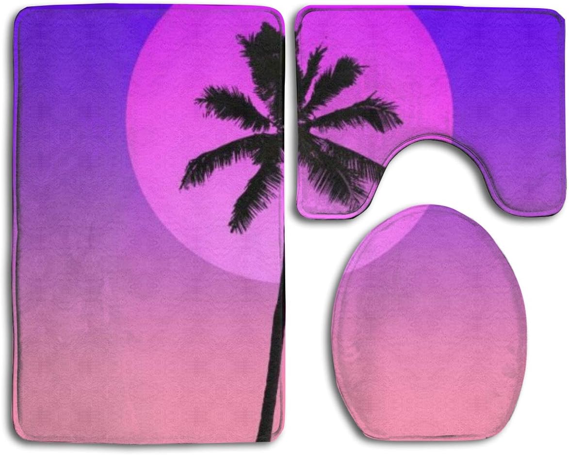 Amazon Com Bathroom Antiskid Pad Coconut Tree On Purple Sea Three Piece Bathroom Mat Rug Set 3 Piece Anti Skid Pads Bath Mat Contour Toilet Lid Cover Home Kitchen