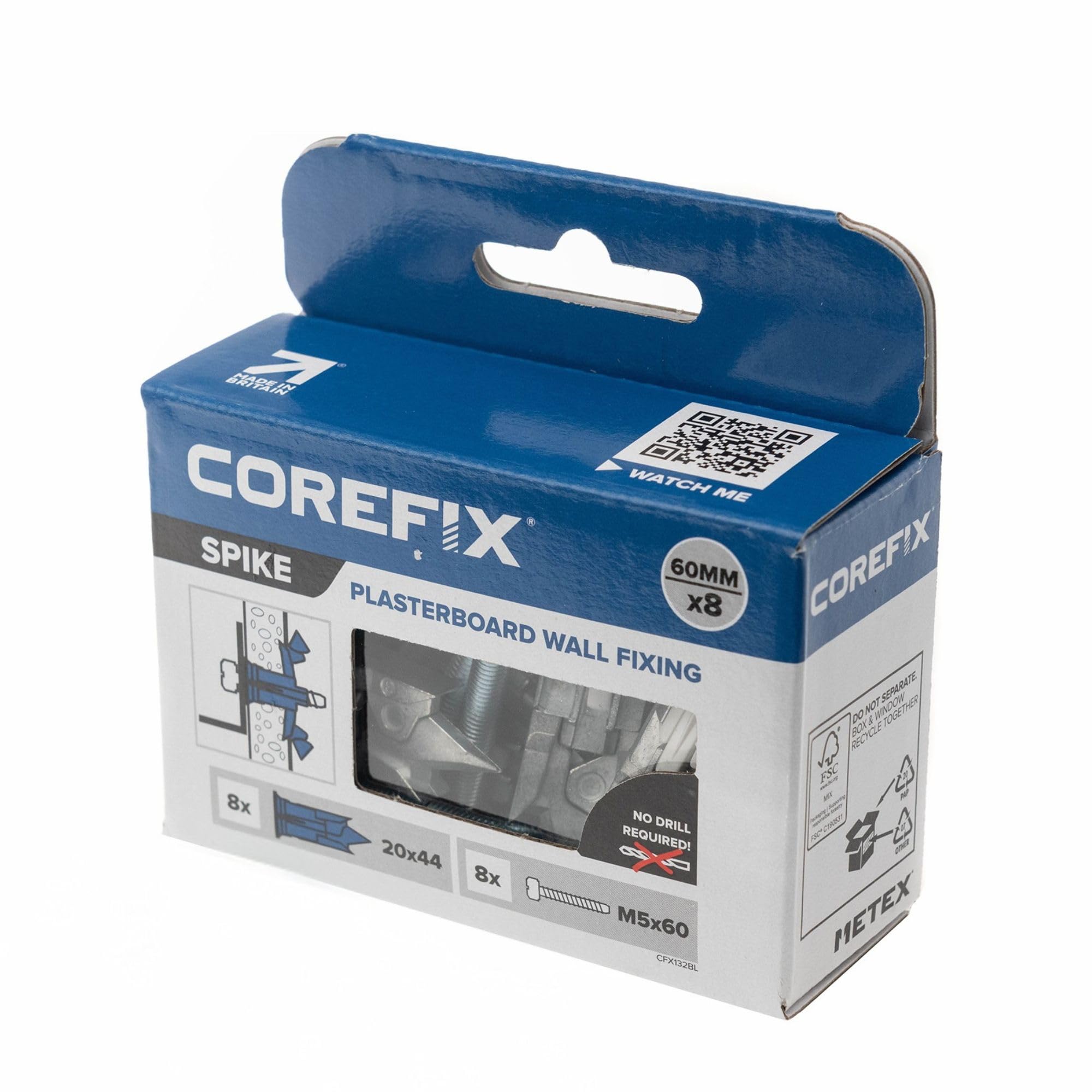 Corefix Spike Heavy Duty Plasterboard Fixings 8 Pack, DIY Kit with M5x60mm Screws. Easy to Install with NO Drill Required. Drywall Anchor, Wall Plug Alternative Suitable for All Plasterboard Types.