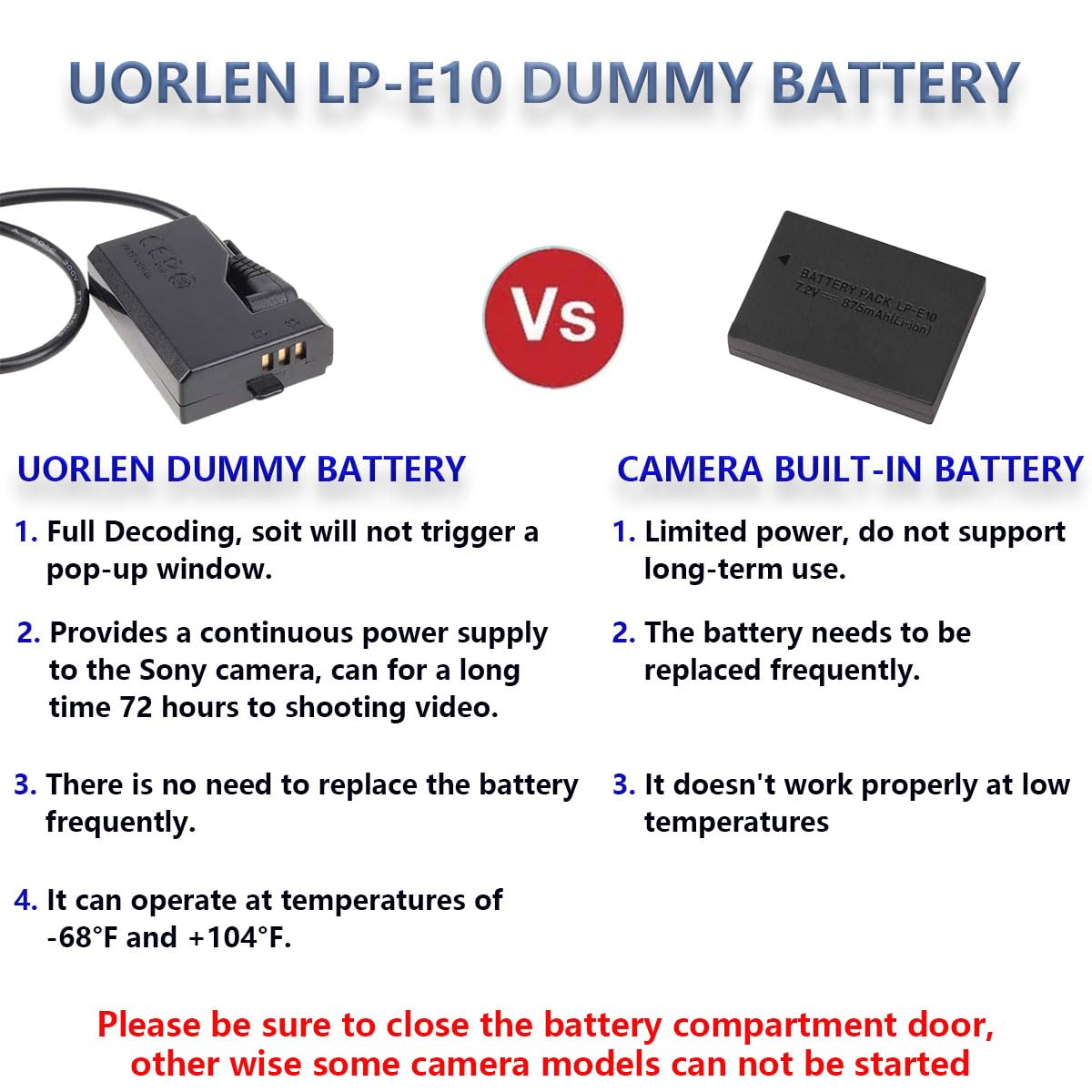 ACK-E10 AC Power Adapter LP-E10 Dummy Battery Kit for Canon EOS Rebel T7 T6 T5 T3 1100D 1200D 1300D 1500D 2000D Cameras