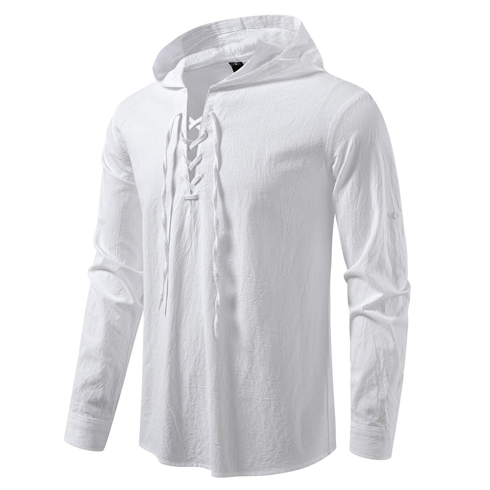 MakingDa Lace Up Hooded Shirt Men Medieval Viking Tunic Costume Cotton Pirate LARP Tops Loose Fit Long Sleeve Steampunk Renaissance Victorian-White-M