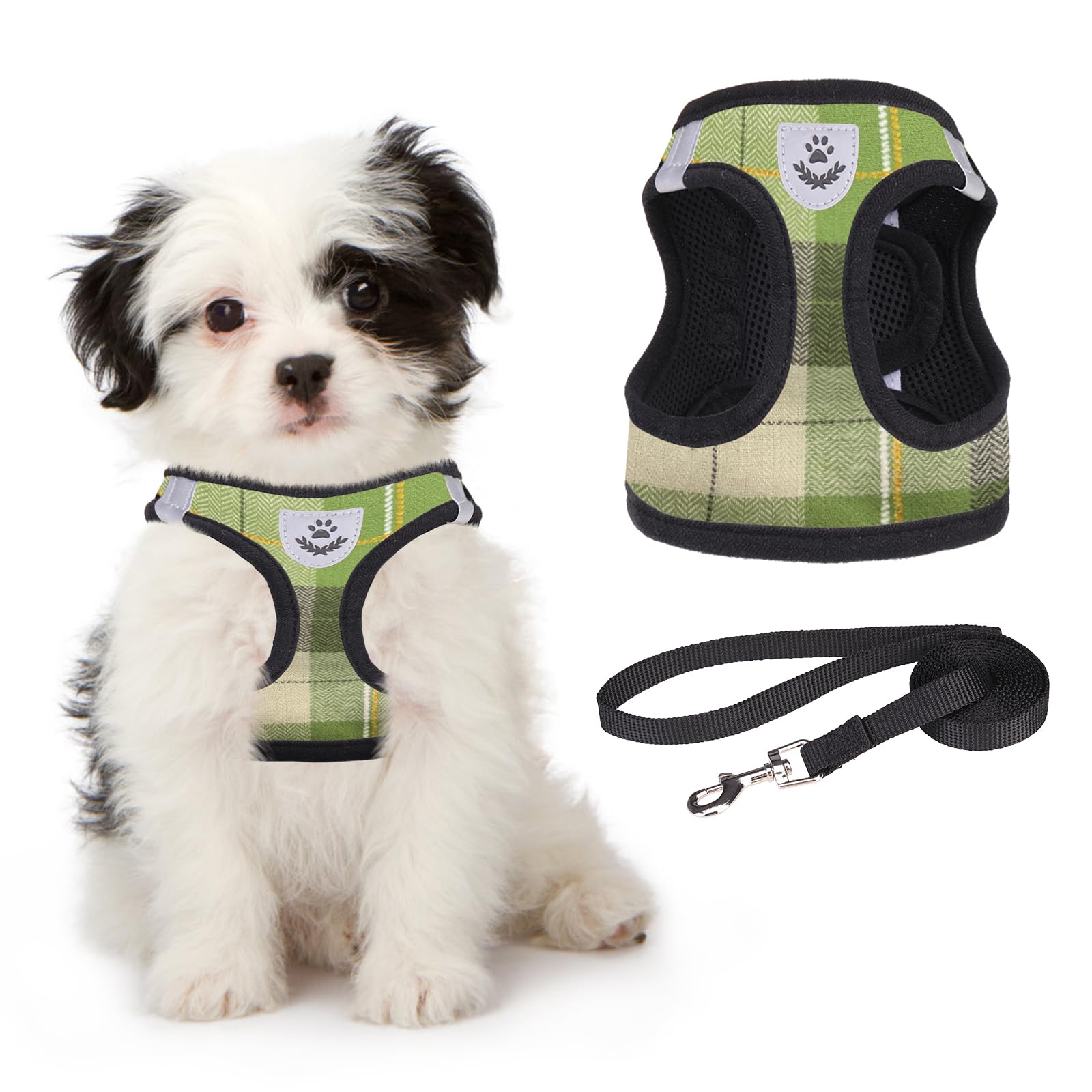 KOOLTAIL Soft Mesh Plaid Puppy Harness - Small Dog Harness and Leash Set, Adjustable & Comfortable with Reflective Design for Puppies and Small Breeds, Outdoor Walking (Green)