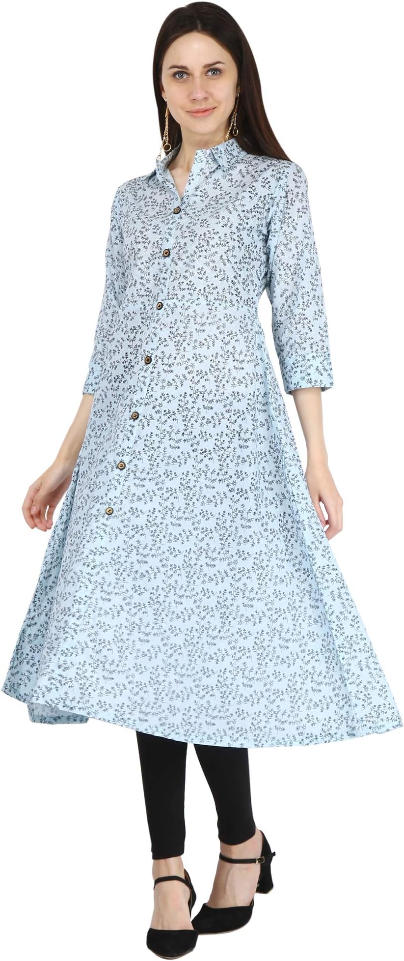 Indian Women's Printed Cotton Kurti Sky-Blue Top