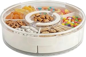 Snackle Box Container with Lid and Handle, 6-Compartment 360° Rotating Snack Tray, Portable Divided Serving Tray for Fruits C