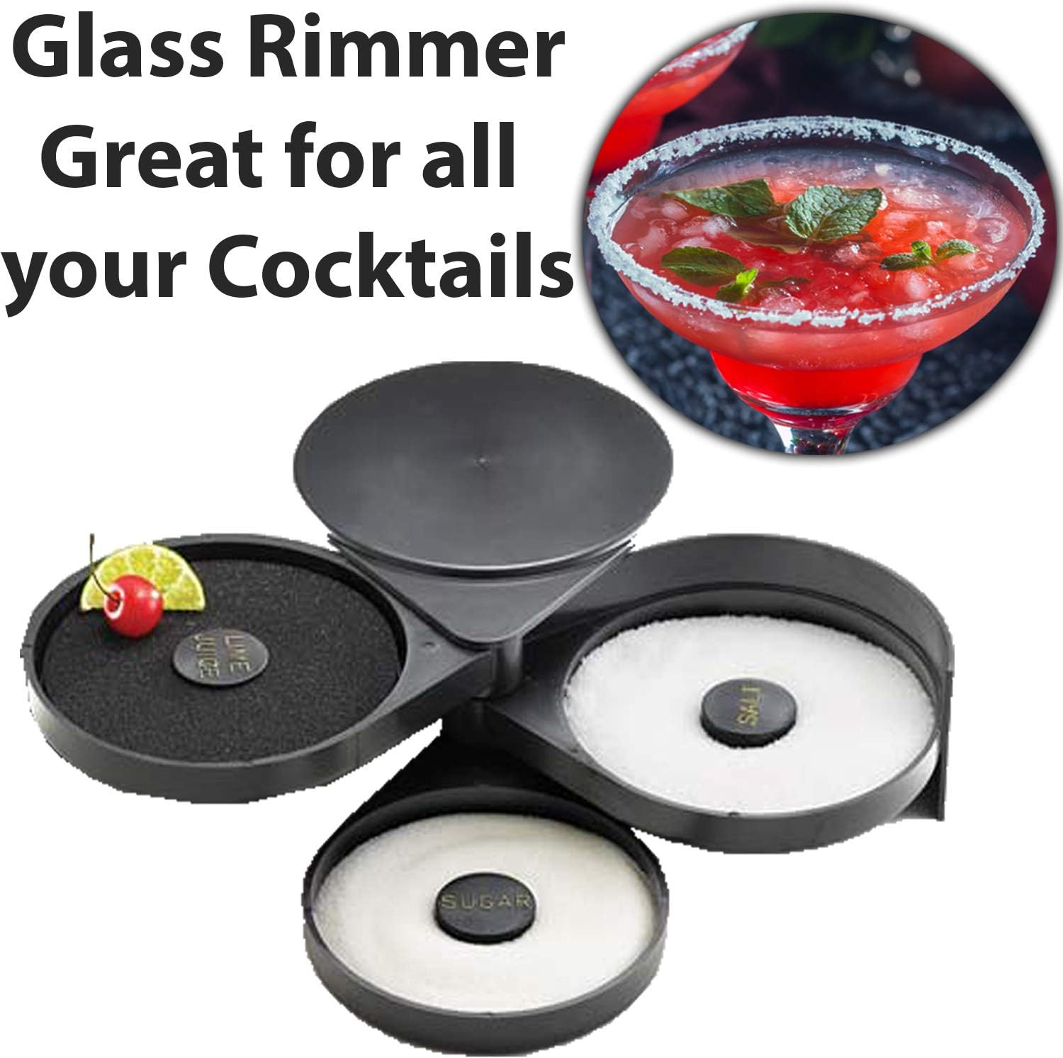  | Bar Supplies Set - 3 Tier Glass Rimmer + 6 Alcohol Pour Bottles + 12 Liquor Bottle Pourers W/Tapered Spout: Rimming Salts & Sugars