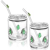 Patelai 2 Pcs Christmas Tree Icon Glasses Cups with Lids and Straws 15oz Reusable Drinking Iced Coffee Glass Cups Cute Xmas Tumbler Gifts for Christmas Adults Women Men Holiday Stocking Stuffer