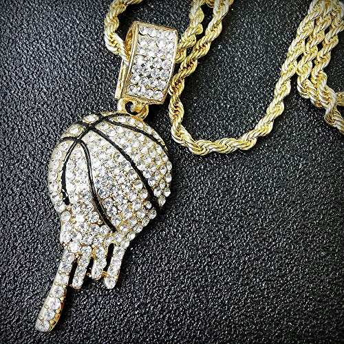 HH Bling Empire Mens Iced Out Hip Hop 14K Gold Artificial Diamond NBA Basketball Related Pendant cz Tennis Chain Necklace 22 Inch (Basketball -1 & Rope)