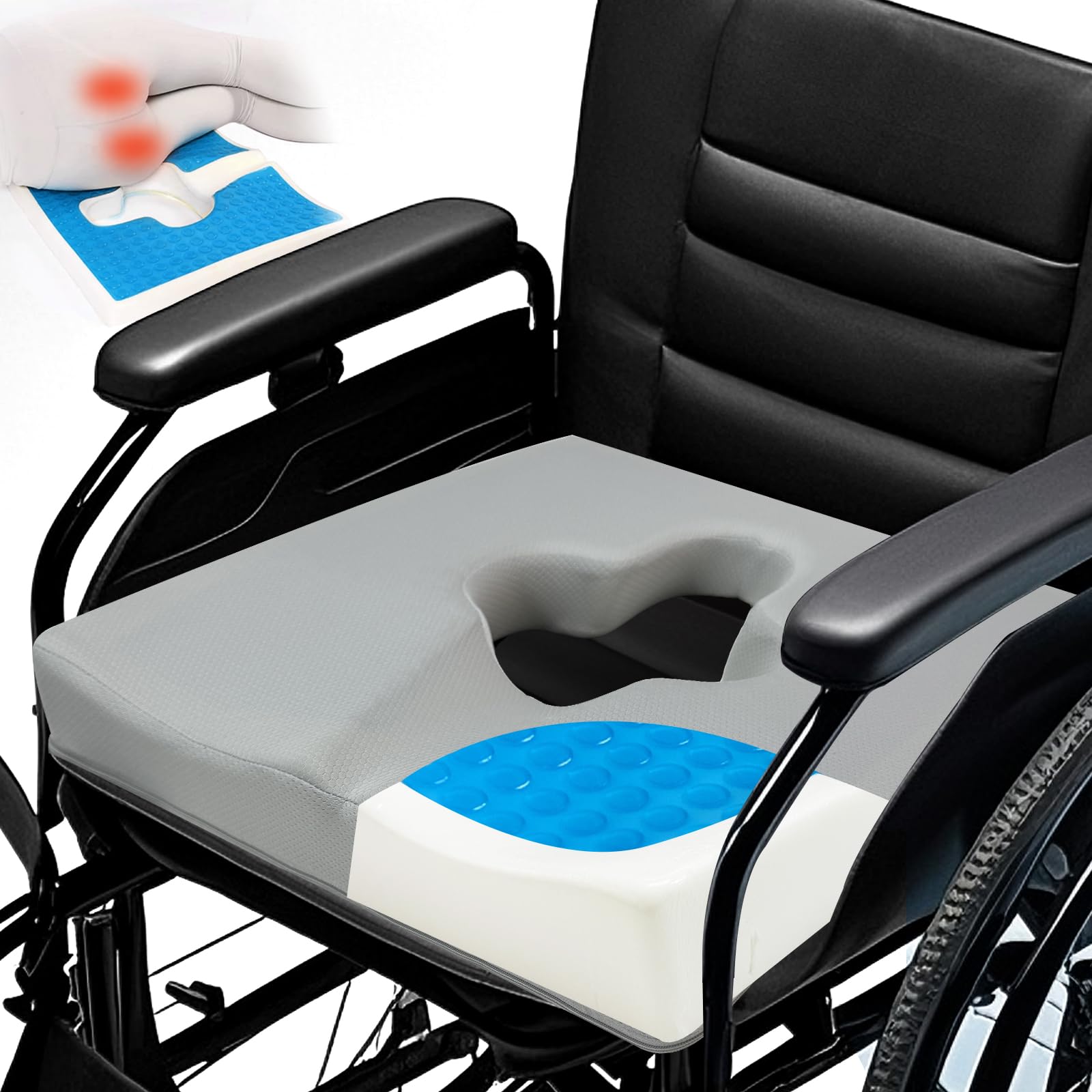 Photo 1 of FoKon Gel Wheelchair Seat Cushion,Bed Sore Cushions for Butt,Relieve Sciatica,Back,Coccyx,Pressure Sore and Ulcer Pain Relief,Ergonomic Office Chair Cushion, Anti-Slip Cover Removable&Washable (Gray)