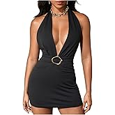 MakeMeChic Women's Halter Open Back Mini Dress Y2K Deep V Neck Party Dresses