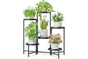 iDavosic.ly 6 Tier Large Plant Stand Indoor with 10 Inch Wide Tray, Tiered Corner Metal Outdoor Flower Display Holder Shelf, Folding Tall Rack for Patio Porch Living Room, Modern Black