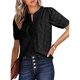Dokotoo Women's Dressy Casual Lace Blouses Summer Tops Half Sleeve V Neck Buttons Hollow Out Embroiderey Shirts