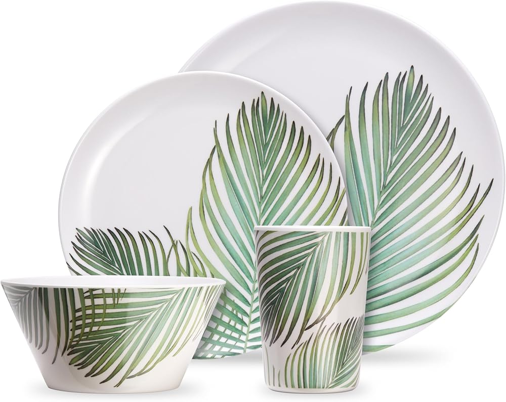 VonShef Melamine Dinnerware Set 16Pc Leaf Print Plates Bowls Tumblers