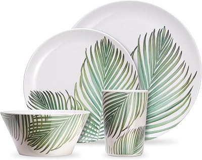 VonShef Melamine Dinnerware Set 16Pc Leaf Print Plates Bowls Tumblers