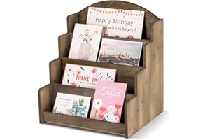 PUERSI Greeting Card Display Stand, Wooden 4-Tier Postcard Display Stand Holder for Sticker, Vendors, Retail Stores, Brown