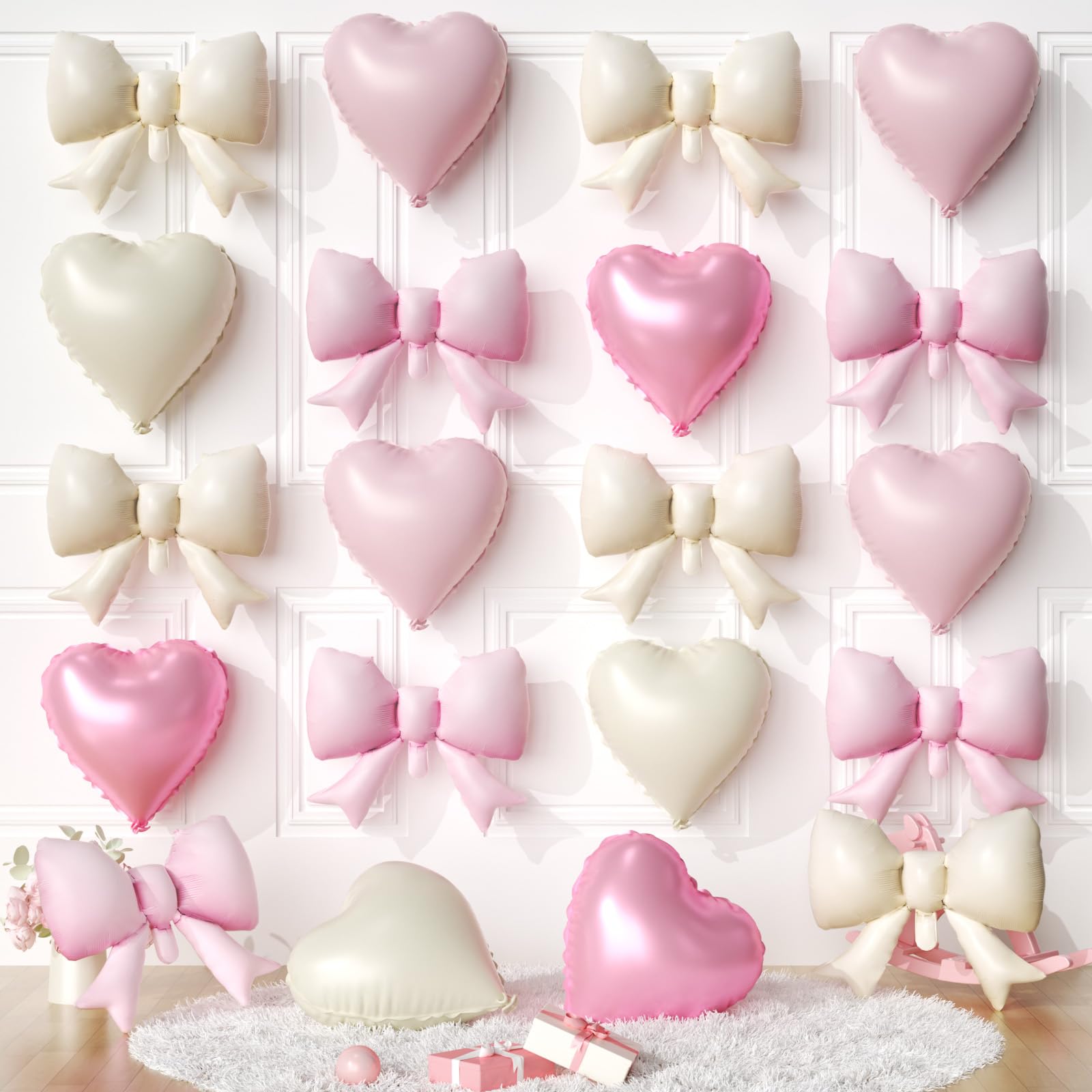 Photo 1 of 20 PCS Cream Pink Heart Balloons, Pink Bow Balloons, 18 Inch Heart Shaped Balloon 21 Inch Bow Balloon for Valentines Galentine's Day Wedding Proposal Engagement Baby Shower Girls Women Birthday Party