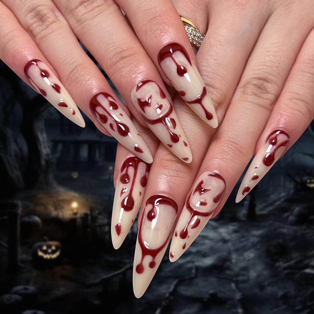 Clataly 24Pcs French Style Long Pointed Blood Droplet False Nail Red Flame Dyed Fake Nails Halloween Fake Nails Press on Nails for Women (A, 24)