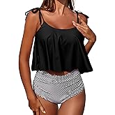 Buauty Bikini Bathing Suits for Women Two Piece Swimsuits Tummy Control Bottom Ruffled Flounce Tops High Waisted Bikini Sets Black/Stripe