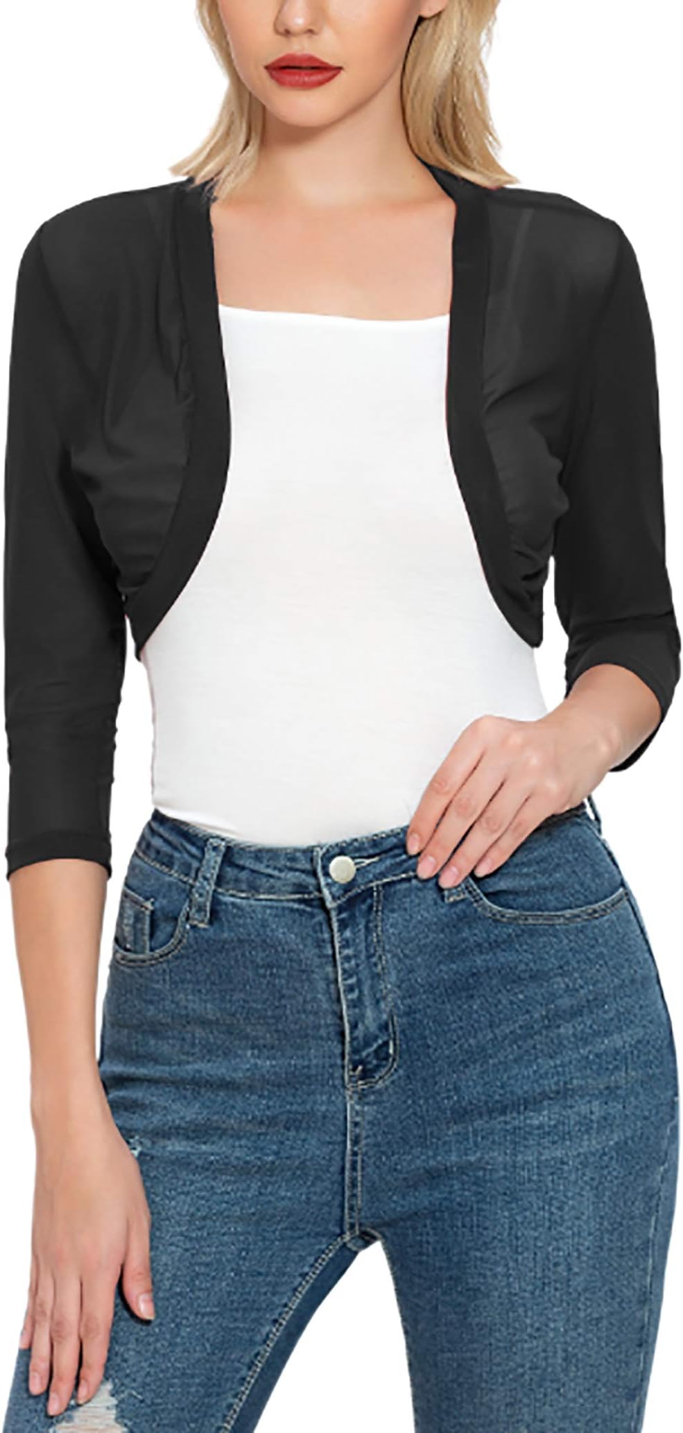 Tandisk Women's 3/4 Sleeve Bolero Sheer Chiffon Shrug Cardigan