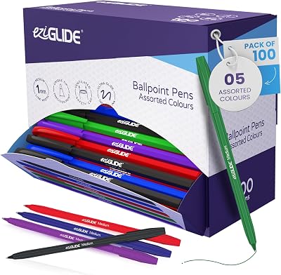Eziglide 100-Pack Ballpoint Pen Set 5 Assorted Colours 1.0mm Medium Point