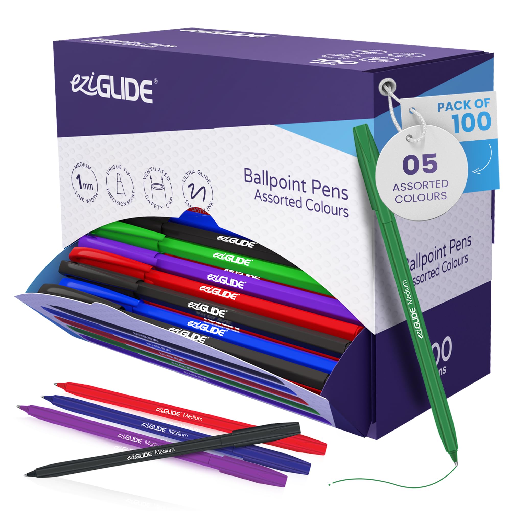 Eziglide 100-Pack Ballpoint Pen Set, 5 Assorted Colours – Medium Point Nib (1.0mm) for Smooth Writing – Multipack Fine Ballpoint Pens for Home, Office, Work, School & Colourful Writing