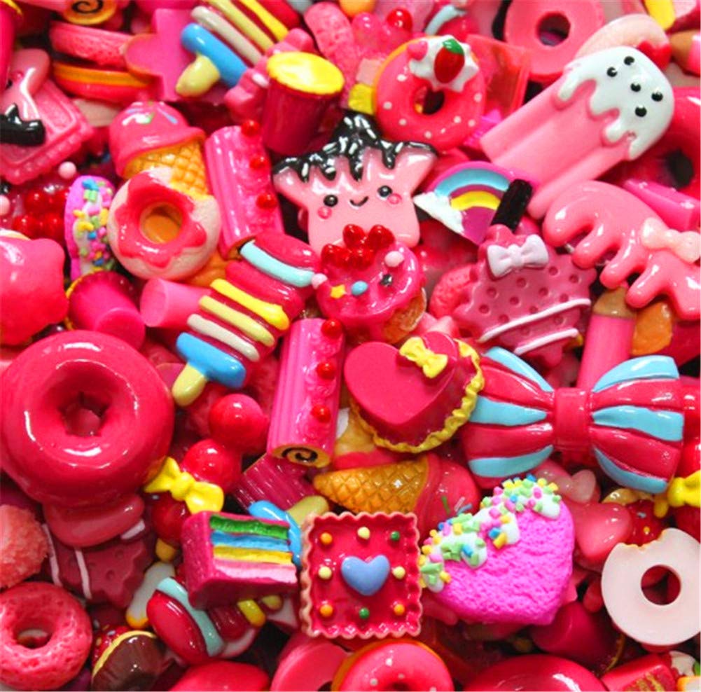Random 30pcs Cute Candy Resin Charms Beads Fruit Dessert Ice Cream Plastic Slices Flatback Buttons for Handcraft Accessories Scrapbooking Phone Case Decor (Red)